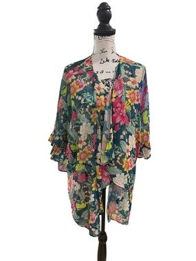 Umgee Floral Ruffle Sleeve Boho Kimono - Teal/Pink Multi Size Medium